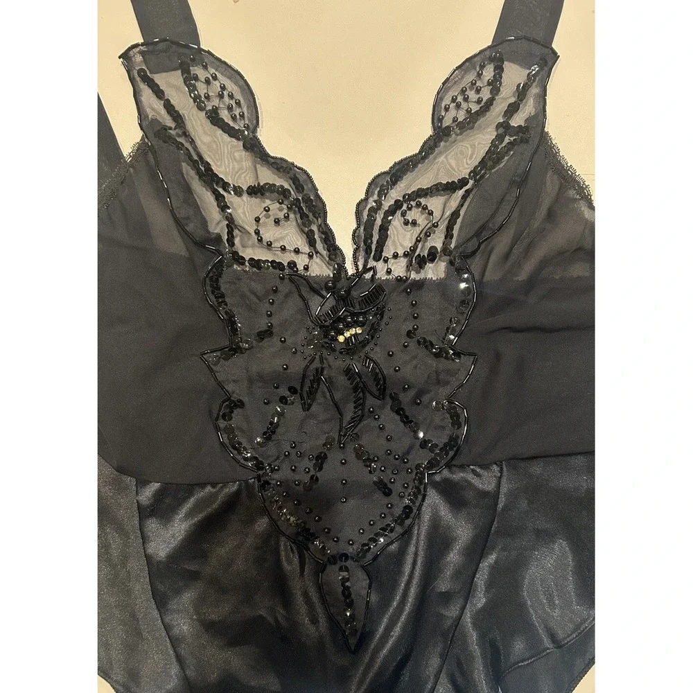 Vintage 80s Mara Black Sheer Satin Beaded‎ Teddy High Cut L Sequin Lingerie